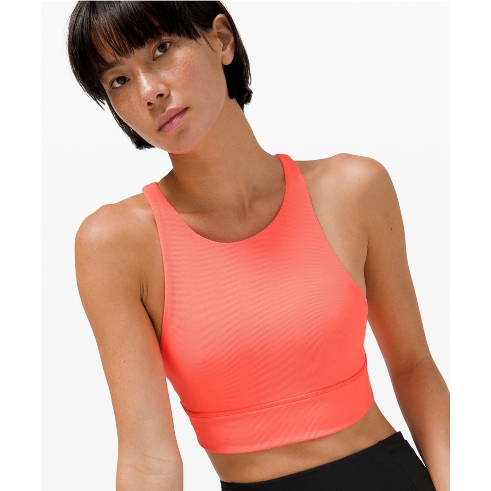Lululemon Energy High Neck Long Like Ribbed Sports Bra Workout Top Sunset Pink 4
